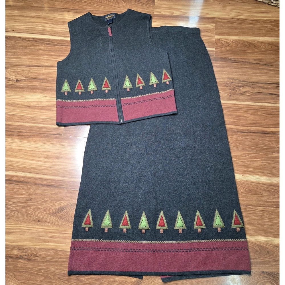 Woolrich Vest Maxi Skirt Set Womens Large Medium Vintage Gray Tree Knit Forest